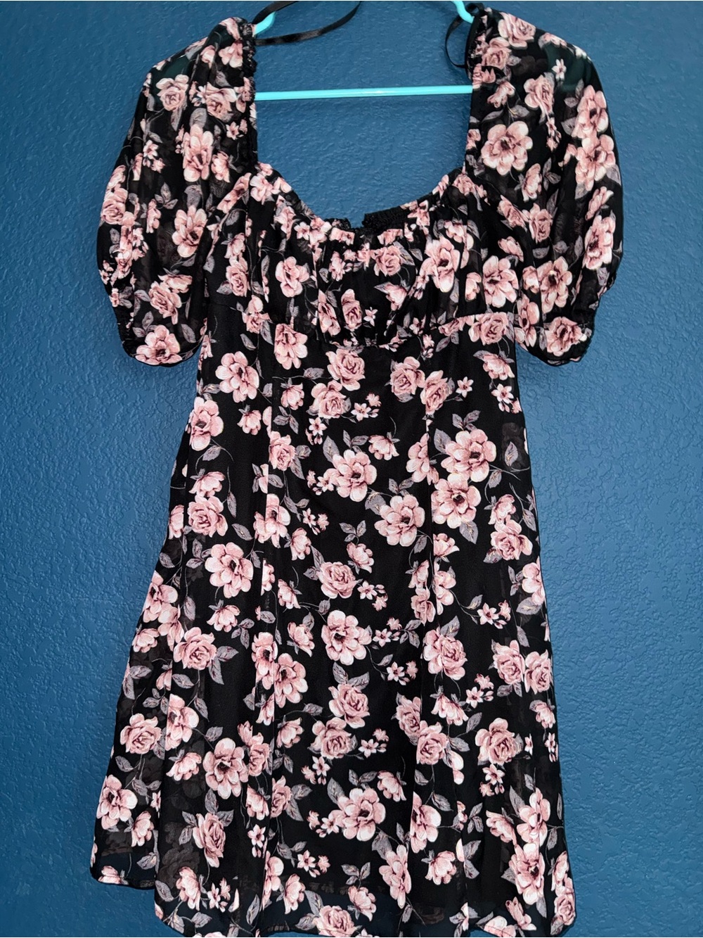 City Triangles Black Mini Dress with Pink Floral Print
